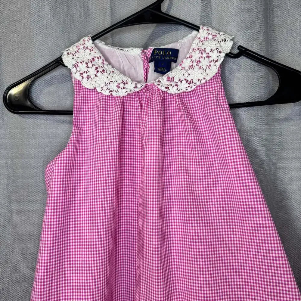 Polo Ralph Lauren Girls Pink Gingham Sleeveless Swing Dress with Lace Collar